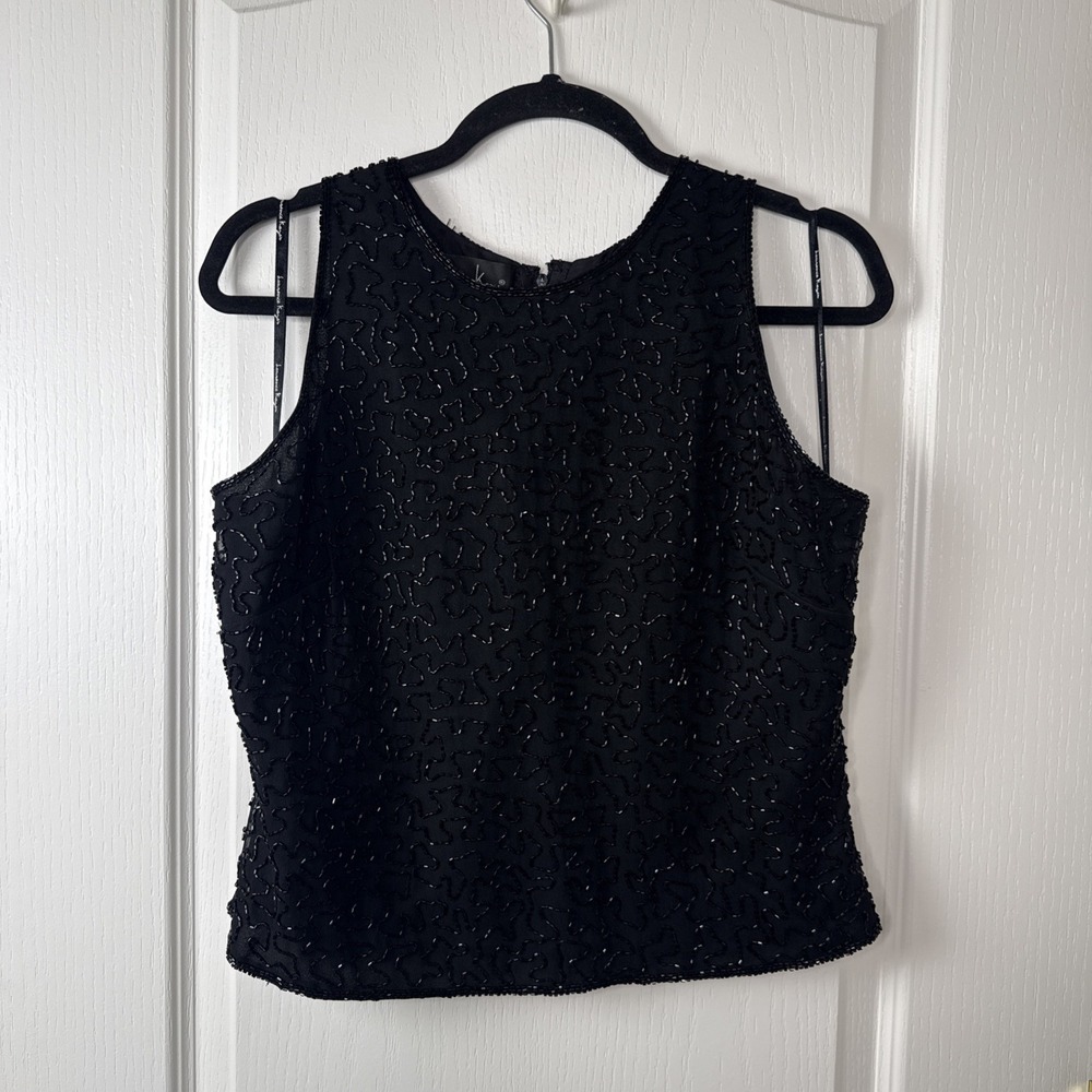 Vintage Laurence Kazar Black Beaded Silk Top L Sleeveless Shell Evening Party